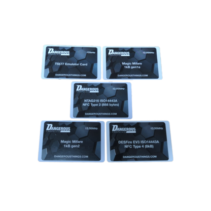 Set of five NFC/RFID cards: t5577, Mifare Magic gen1a and gen 2, NTAG216, and DESFire EV3.